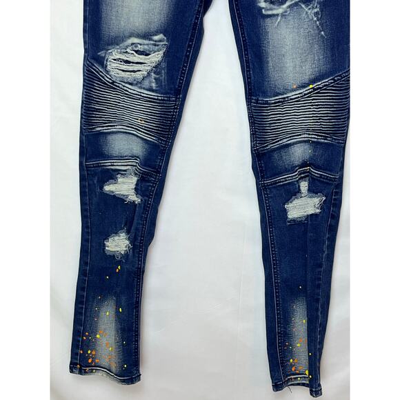 Makobi Men’s 32x32 Blue Cape Biker Jeans Paint Splash Dark Wash Denim M1783 - Picture 10 of 11